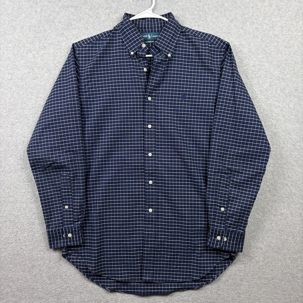 Ralph Lauren Shirt Mens 15.5 32/33 Navy Blue Windowpane Check OCBD Oxford Cotton